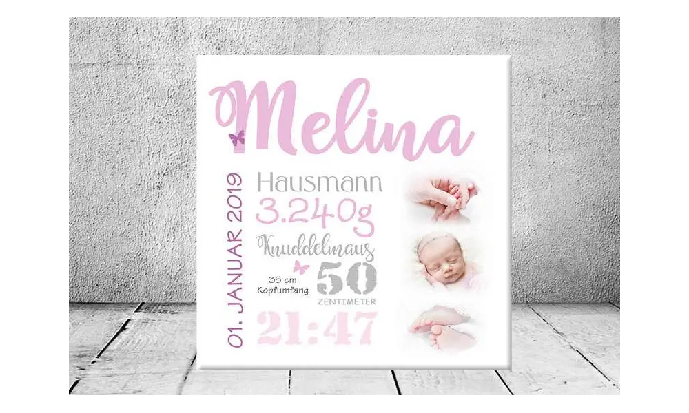 Geschenk Geburt personalisiert Baby Wandbild Geburtsdaten Leinwand Junge Mädchen Kinderzimmer mit Foto