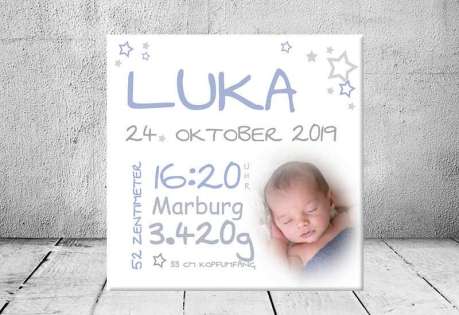 Geschenk Geburt personalisiert Baby Wandbild Geburtsdaten Leinwand Junge Mädchen Kinderzimmer mit Foto