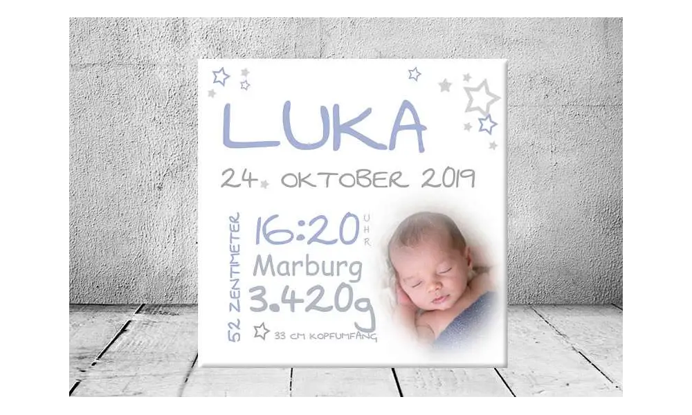 Geschenk Geburt personalisiert Baby Wandbild Geburtsdaten Leinwand Junge Mädchen Kinderzimmer mit Foto