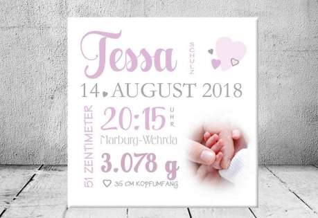 Geschenk Geburt personalisiert Baby Wandbild Geburtsdaten Leinwand Junge Mädchen Kinderzimmer mit Foto