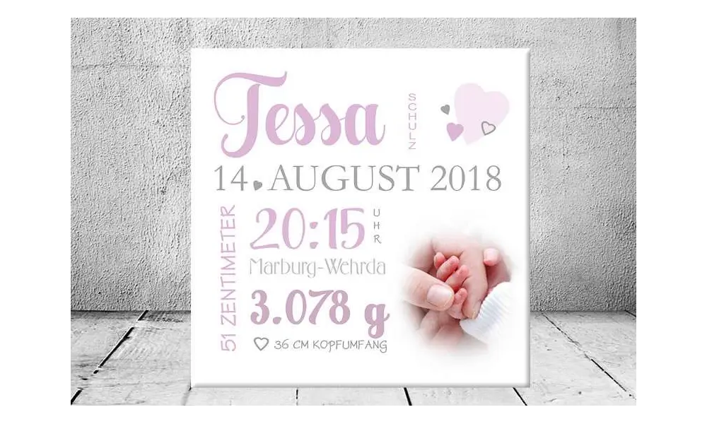 Geschenk Geburt personalisiert Baby Wandbild Geburtsdaten Leinwand Junge Mädchen Kinderzimmer mit Foto