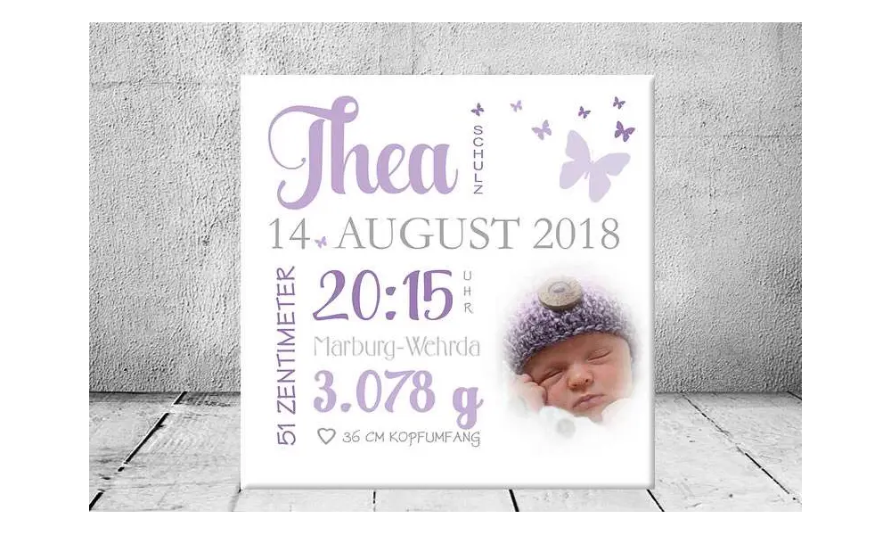 Geschenk Geburt personalisiert Baby Wandbild Geburtsdaten Leinwand Junge Mädchen Kinderzimmer mit Foto