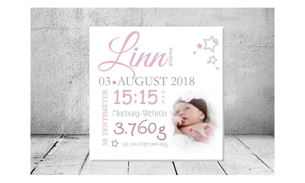 Geschenk Geburt personalisiert Baby Wandbild Geburtsdaten Leinwand Junge Mädchen Kinderzimmer mit Foto