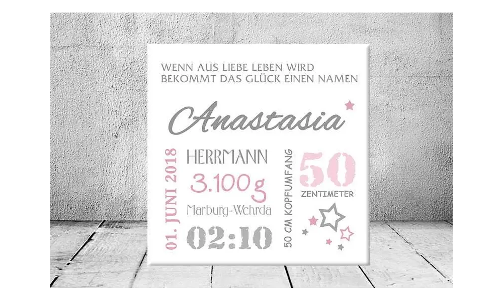 Baby Wandbild Geburtsdaten Leinwand Geschenk Geburt personalisiert Junge Mädchen Kinderzimmer