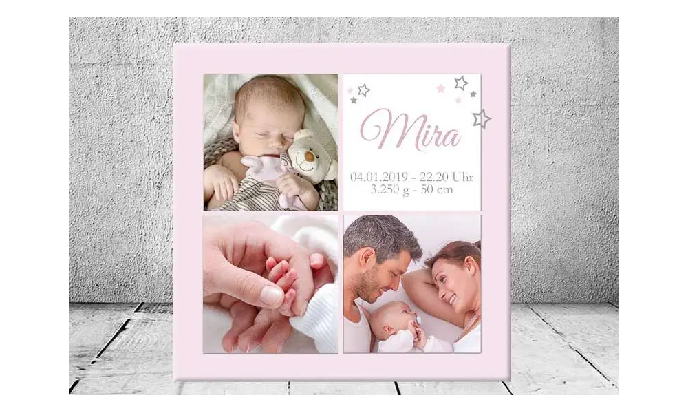 Geschenk Geburt personalisiert Baby Fotocollage Wandbild Geburtsdaten Leinwand Junge Mädchen Kinderzimmer mit Foto