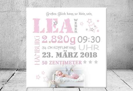 Baby Wandbild Geburtsdaten Leinwand Geschenk Geburt personalisiert Junge Mädchen Kinderzimmer