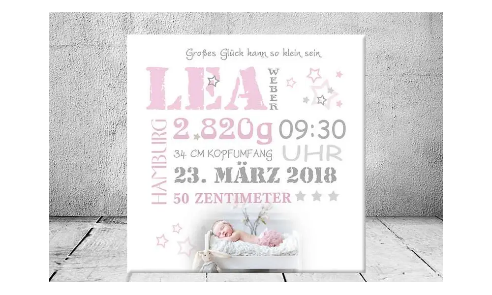 Baby Wandbild Geburtsdaten Leinwand Geschenk Geburt personalisiert Junge Mädchen Kinderzimmer