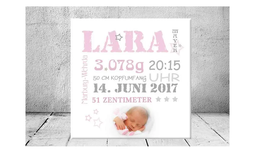 Geschenk Geburt personalisiert Baby Wandbild Geburtsdaten Leinwand Junge Mädchen Kinderzimmer mit Foto