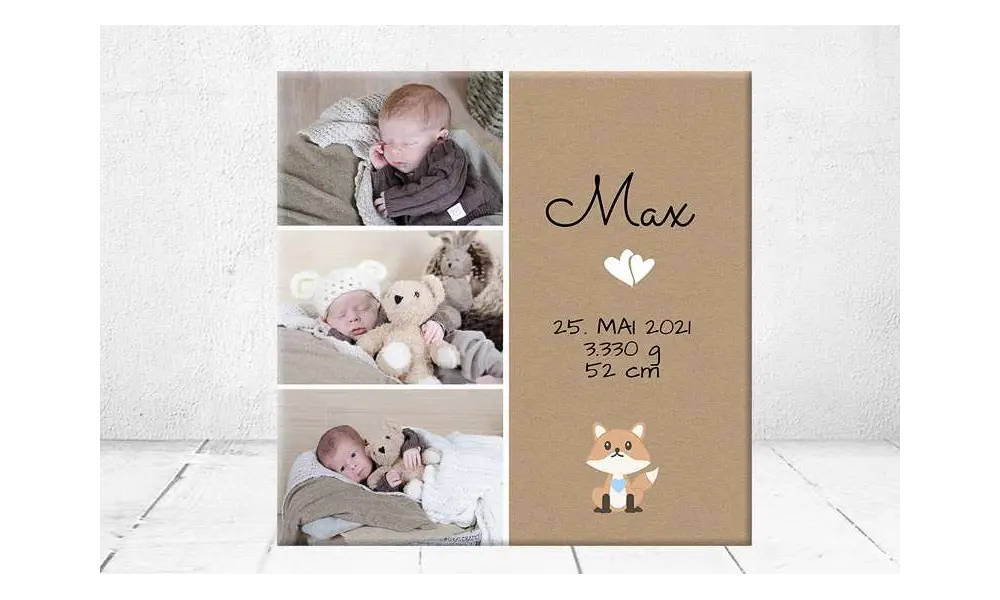 Geschenk Geburt personalisiert Baby Wandbild Geburtsdaten Leinwand Junge Mädchen Kinderzimmer Fuchs