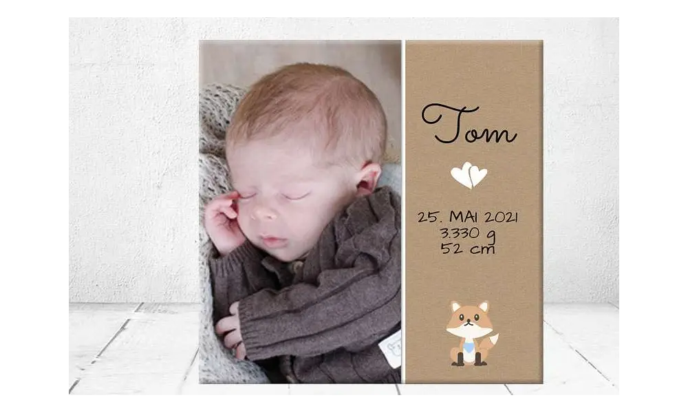 Geschenk Geburt personalisiert Baby Wandbild Geburtsdaten Leinwand Junge Mädchen Fuchs Kinderzimmer