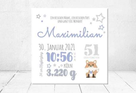 Baby Wandbild Geburtsdaten Leinwand Geschenk Geburt personalisiert Junge Mädchen Kinderzimmer Fuchs