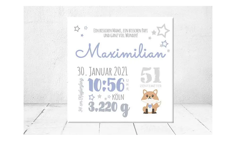 Baby Wandbild Geburtsdaten Leinwand Geschenk Geburt personalisiert Junge Mädchen Kinderzimmer Fuchs