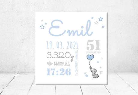 Geschenk Geburt personalisiert Baby Wandbild Geburtsdaten Leinwand Junge Mädchen Elefant Kinderzimmer