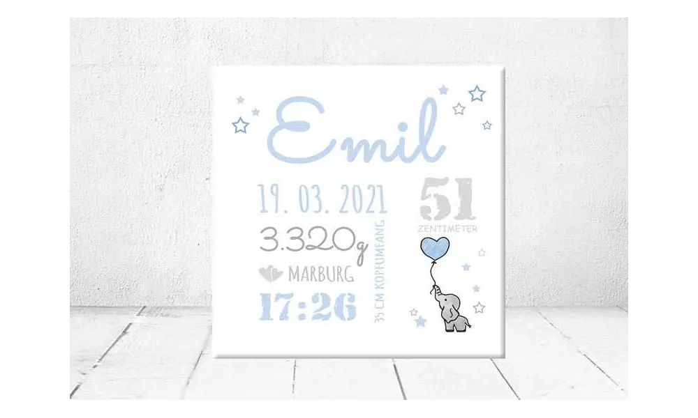 Geschenk Geburt personalisiert Baby Wandbild Geburtsdaten Leinwand Junge Mädchen Elefant Kinderzimmer