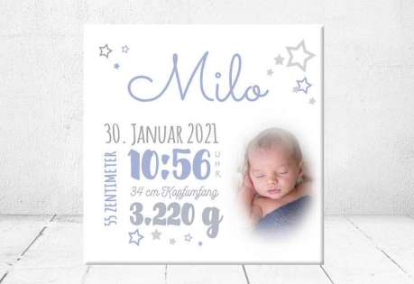 Geschenk Geburt personalisiert Baby Wandbild Geburtsdaten Leinwand Junge Mädchen Kinderzimmer mit Foto