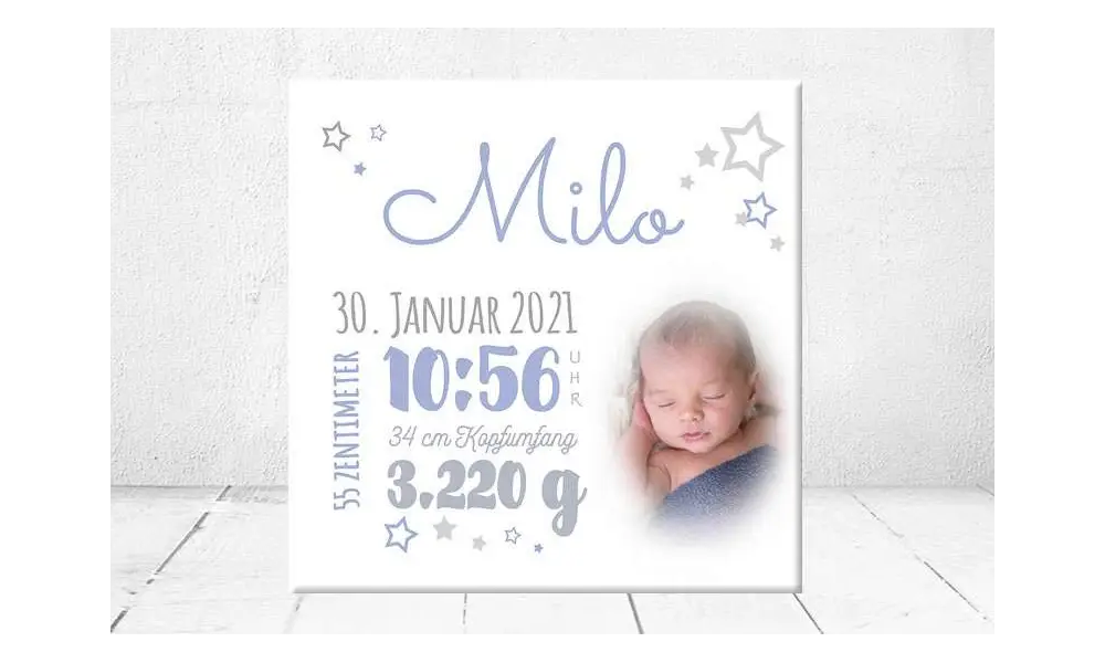 Geschenk Geburt personalisiert Baby Wandbild Geburtsdaten Leinwand Junge Mädchen Kinderzimmer mit Foto