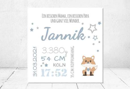 Geschenk Geburt personalisiert Baby Wandbild Geburtsdaten Leinwand Junge Mädchen Kinderzimmer Fuchs