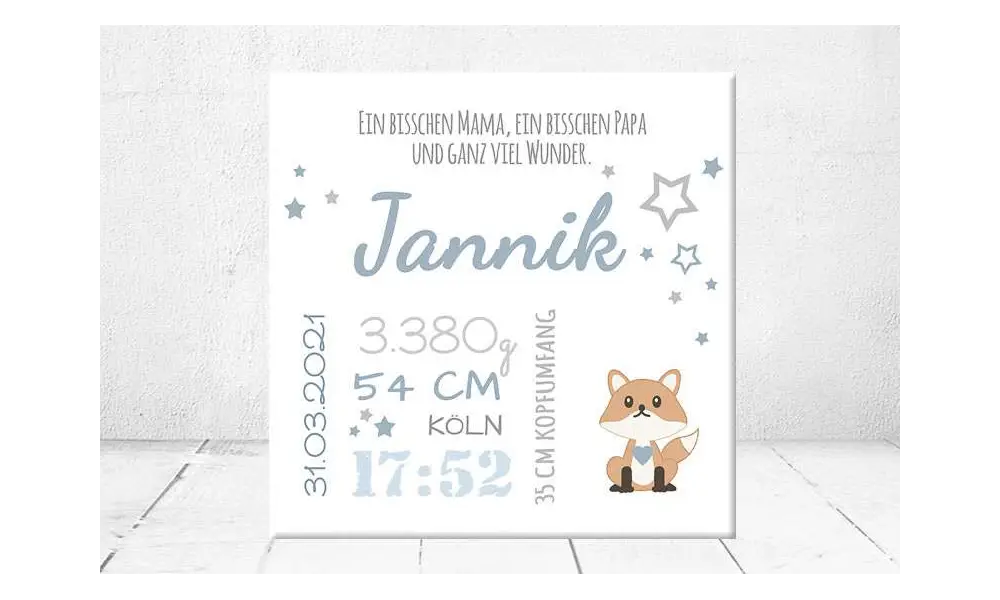 Geschenk Geburt personalisiert Baby Wandbild Geburtsdaten Leinwand Junge Mädchen Kinderzimmer Fuchs