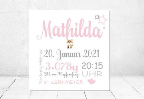 Geschenk Geburt personalisiert Baby Wandbild Geburtsdaten Leinwand Junge Mädchen Fuchs Kinderzimmer