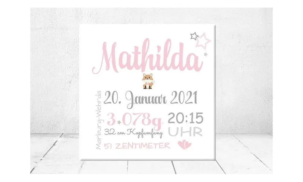 Geschenk Geburt personalisiert Baby Wandbild Geburtsdaten Leinwand Junge Mädchen Fuchs Kinderzimmer
