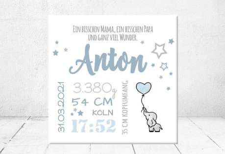 Baby Wandbild Geburtsdaten Leinwand Geschenk Geburt personalisiert Junge Mädchen Kinderzimmer Elefant