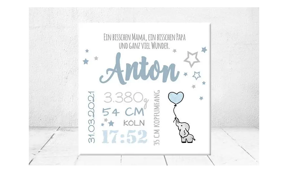 Baby Wandbild Geburtsdaten Leinwand Geschenk Geburt personalisiert Junge Mädchen Kinderzimmer Elefant