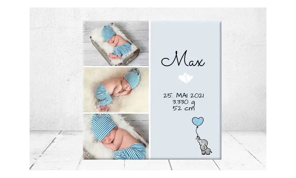 Geschenk Geburt personalisiert Baby Wandbild Geburtsdaten Leinwand Junge Mädchen Kinderzimmer Elefant
