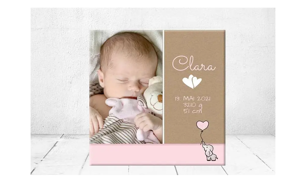 Geschenk Geburt personalisiert Baby Wandbild Geburtsdaten Leinwand Junge Mädchen Kinderzimmer Elefant