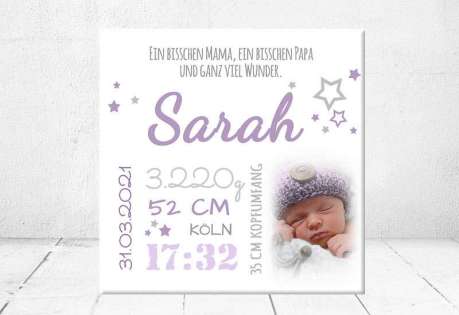 Geschenk Geburt personalisiert Baby Wandbild Geburtsdaten Leinwand Junge Mädchen Kinderzimmer mit Foto