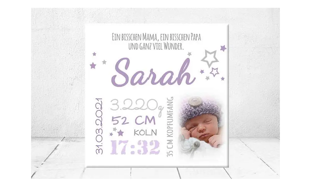 Geschenk Geburt personalisiert Baby Wandbild Geburtsdaten Leinwand Junge Mädchen Kinderzimmer mit Foto