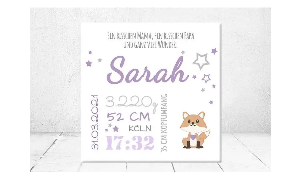 Geschenk Geburt personalisiert Baby Wandbild Geburtsdaten Leinwand Junge Mädchen Kinderzimmer Sterne
