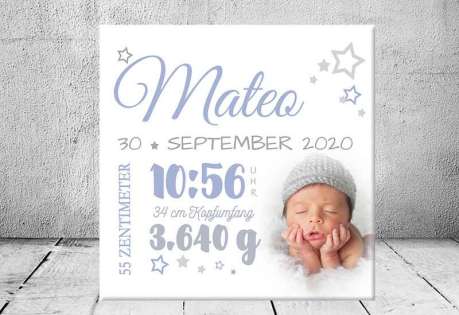 Geschenk Geburt personalisiert Baby Wandbild Geburtsdaten Leinwand Junge Mädchen Kinderzimmer mit Foto