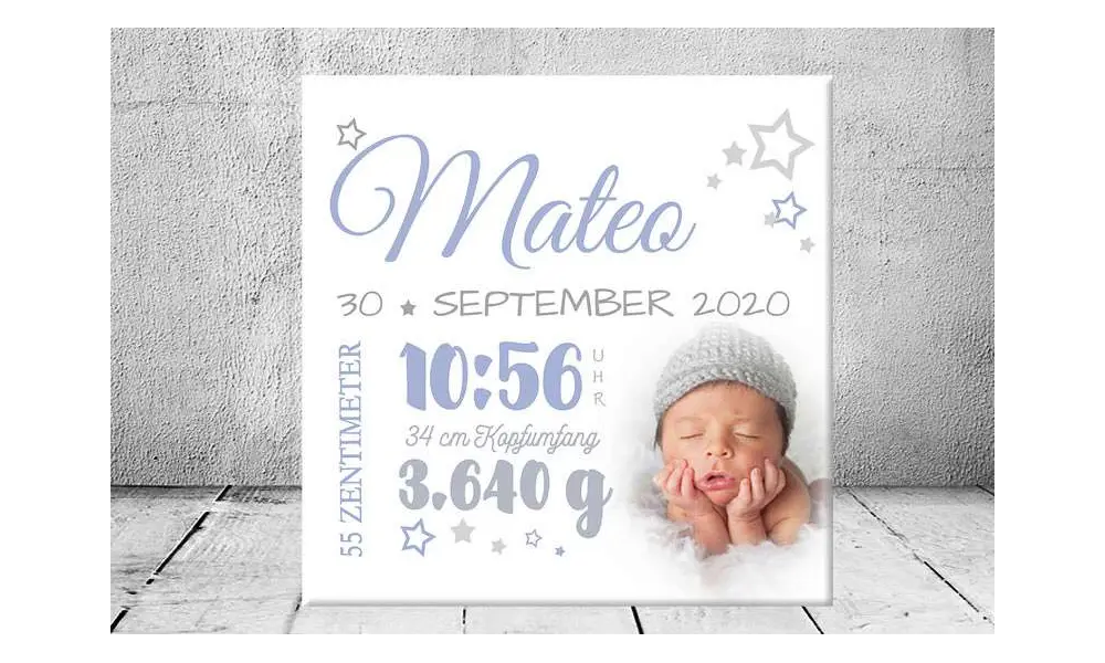 Geschenk Geburt personalisiert Baby Wandbild Geburtsdaten Leinwand Junge Mädchen Kinderzimmer mit Foto