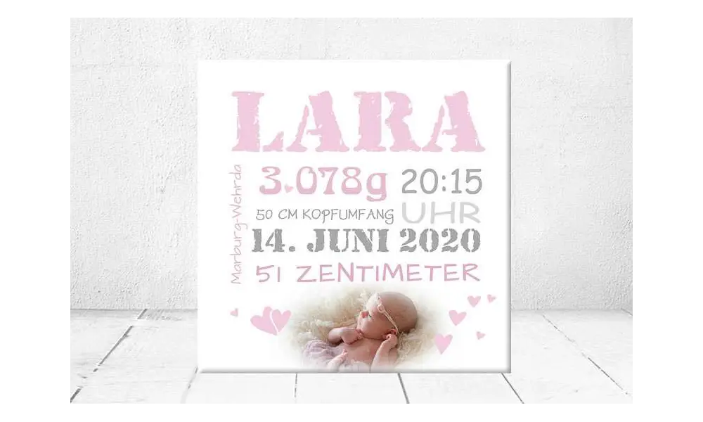 Geschenk Geburt personalisiert Baby Wandbild Geburtsdaten Leinwand Junge Mädchen Kinderzimmer mit Foto