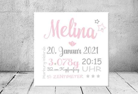 Geschenk Geburt personalisiert Baby Wandbild Geburtsdaten Leinwand Junge Mädchen Kinderzimmer rosa