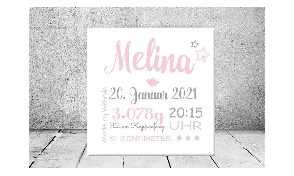 Geschenk Geburt personalisiert Baby Wandbild Geburtsdaten Leinwand Junge Mädchen Kinderzimmer rosa