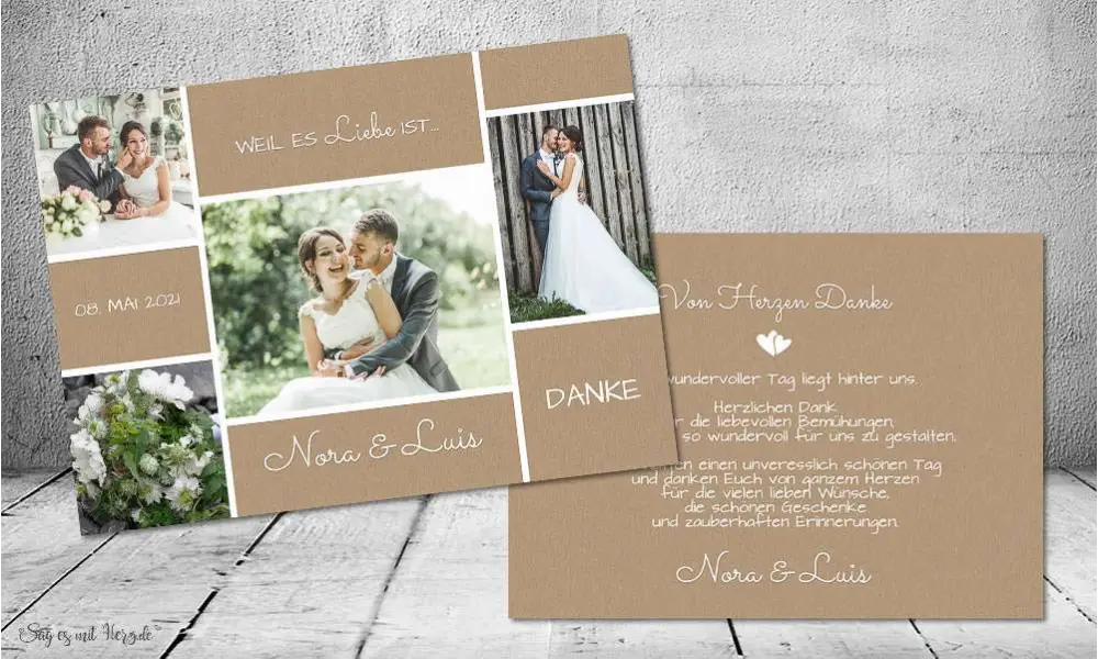 Dankeskarten Hochzeit Vintage Kraftpapier Postkarte Nature Vintage diy Stil modern viele Fotos