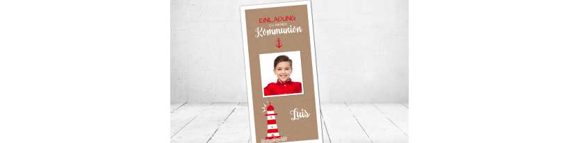 Einladungskarten Kommunion Leuchtturm Kraftpapier Vintage Maritim Anker
