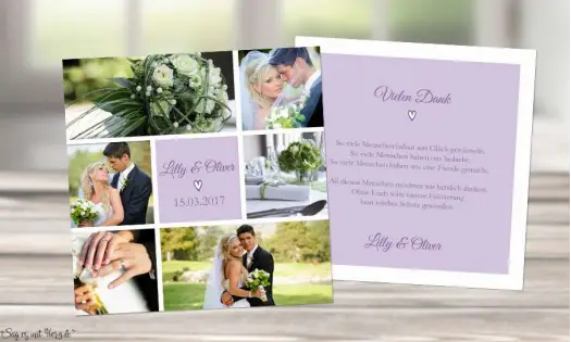 Dankeskarten Hochzeit viele Fotos flieder