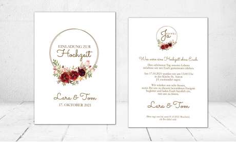 Hochzeitseinladung Blumen Rosen bordeaux rot dezent Postkarte