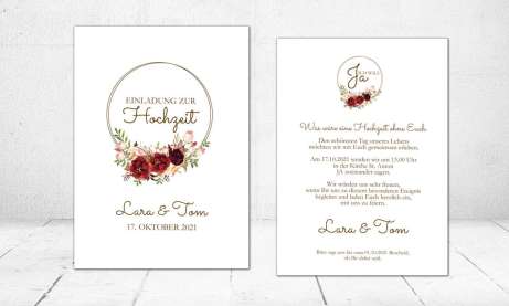 Hochzeitseinladung Blumen Rosen bordeaux rot dezent Postkarte