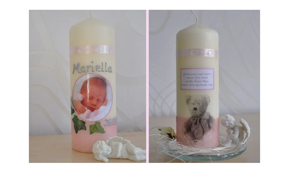 Taufkerze Baby mit Foto + Taufspruch, Wachskreation, rosa