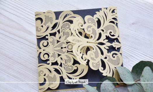 Einladungskarte Hochzeit gold schwarz Lasercut Spitze