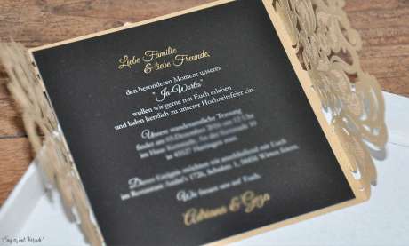 Einladungskarte Hochzeit gold schwarz Lasercut Spitze
