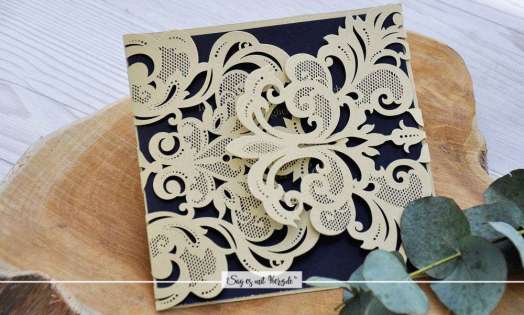 Einladungskarte Hochzeit gold schwarz Lasercut Spitze