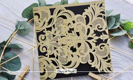 Einladungskarte Hochzeit gold schwarz Lasercut Spitze