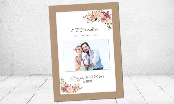Dankeskarten Hochzeit floral Kraftpapier  mit Foto Postkarte naturell