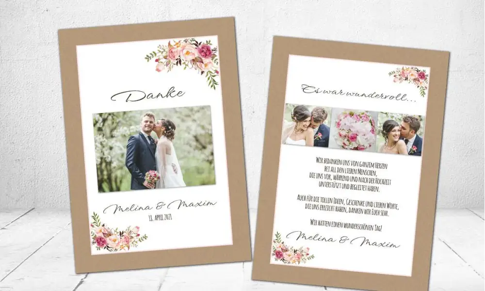 Dankeskarten Hochzeit floral Kraftpapier  mit Foto Postkarte naturell