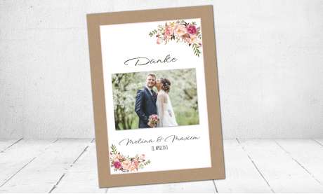 Dankeskarten Hochzeit floral Kraftpapier  mit Foto Postkarte naturell