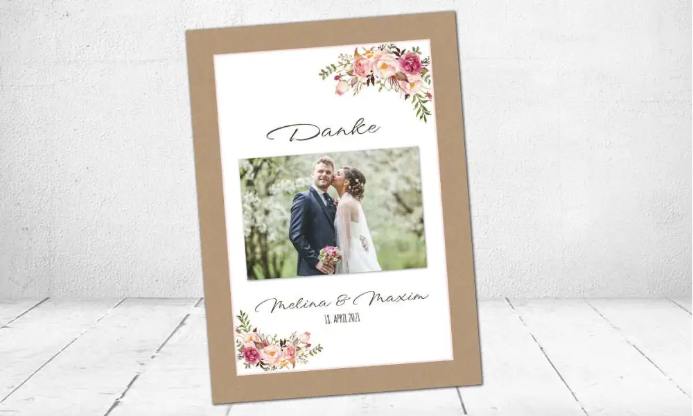 Dankeskarten Hochzeit floral Kraftpapier  mit Foto Postkarte naturell